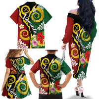 Melanesian Vanuatu Tribal Boar Tusk Family Matching Off The Shoulder Long Sleeve Dress and Hawaiian Shirt Tropical Plants and Namele Motifs LT03 - Polynesian Pride