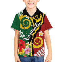 Melanesian Vanuatu Tribal Boar Tusk Family Matching Off The Shoulder Long Sleeve Dress and Hawaiian Shirt Tropical Plants and Namele Motifs LT03 Son's Shirt Green - Polynesian Pride