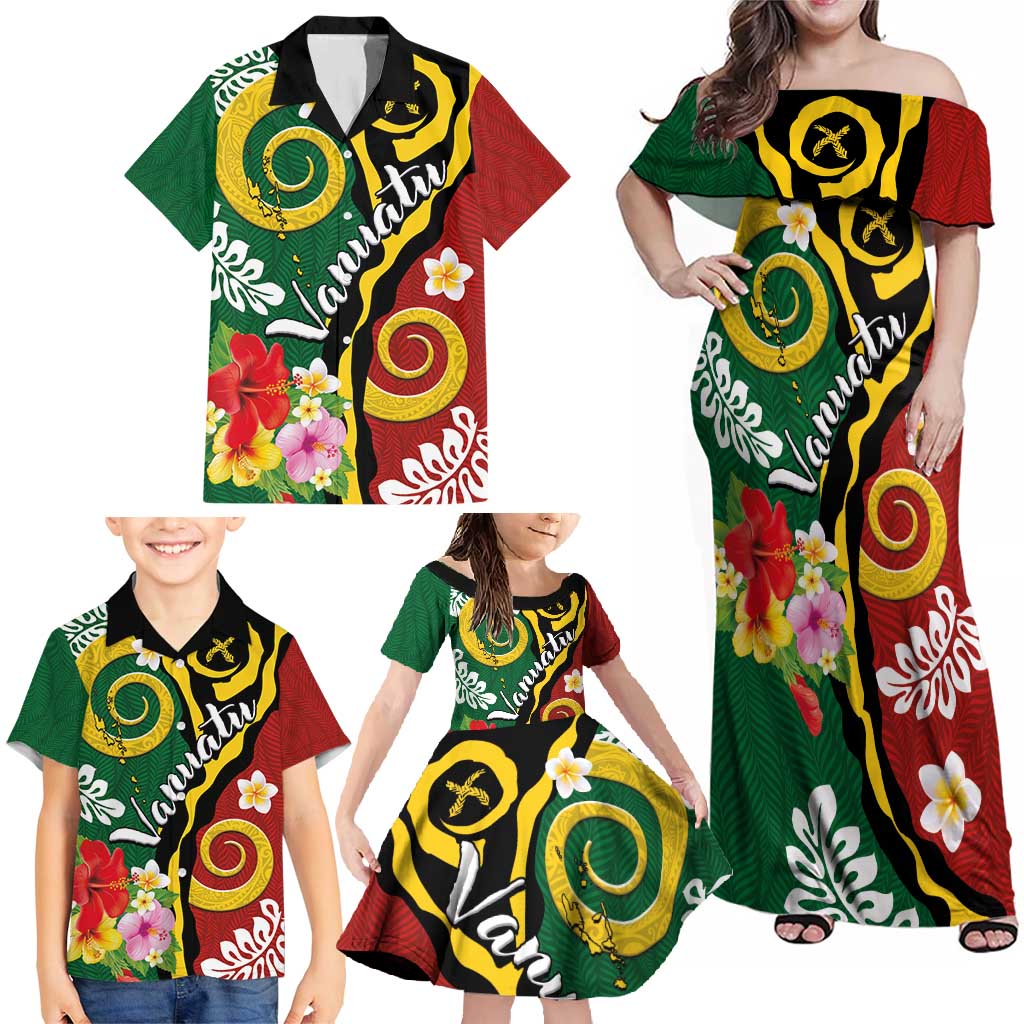 Melanesian Vanuatu Tribal Boar Tusk Family Matching Off Shoulder Maxi Dress and Hawaiian Shirt Tropical Plants and Namele Motifs LT03 - Polynesian Pride