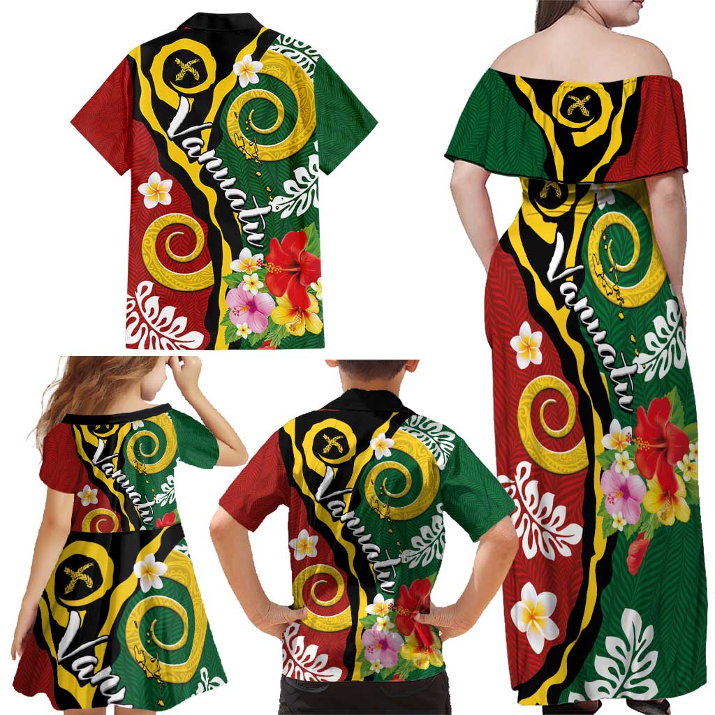 Melanesian Vanuatu Tribal Boar Tusk Family Matching Off Shoulder Maxi Dress and Hawaiian Shirt Tropical Plants and Namele Motifs LT03 - Polynesian Pride