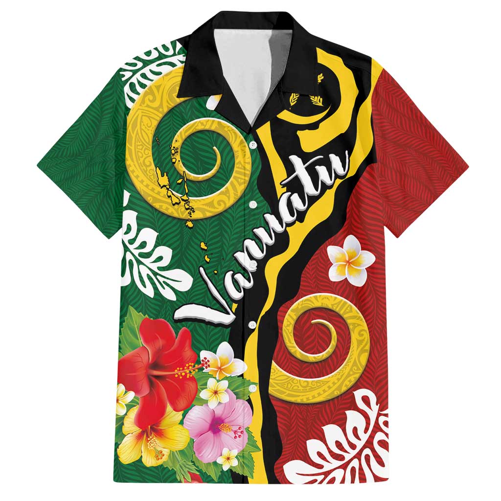 Melanesian Vanuatu Tribal Boar Tusk Family Matching Off Shoulder Maxi Dress and Hawaiian Shirt Tropical Plants and Namele Motifs LT03 Dad's Shirt - Short Sleeve Green - Polynesian Pride