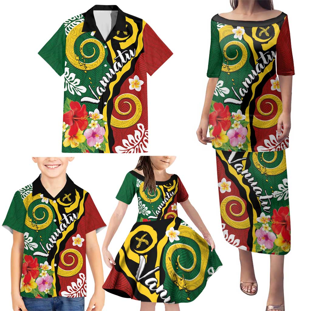 Melanesian Vanuatu Tribal Boar Tusk Family Matching Puletasi and Hawaiian Shirt Tropical Plants and Namele Motifs - Polynesian Pride