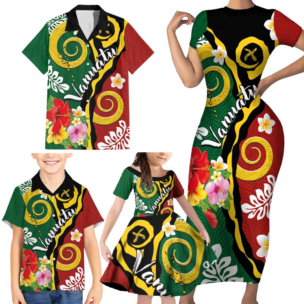 Melanesian Vanuatu Tribal Boar Tusk Family Matching Short Sleeve Bodycon Dress and Hawaiian Shirt Tropical Plants and Namele Motifs LT03 - Polynesian Pride