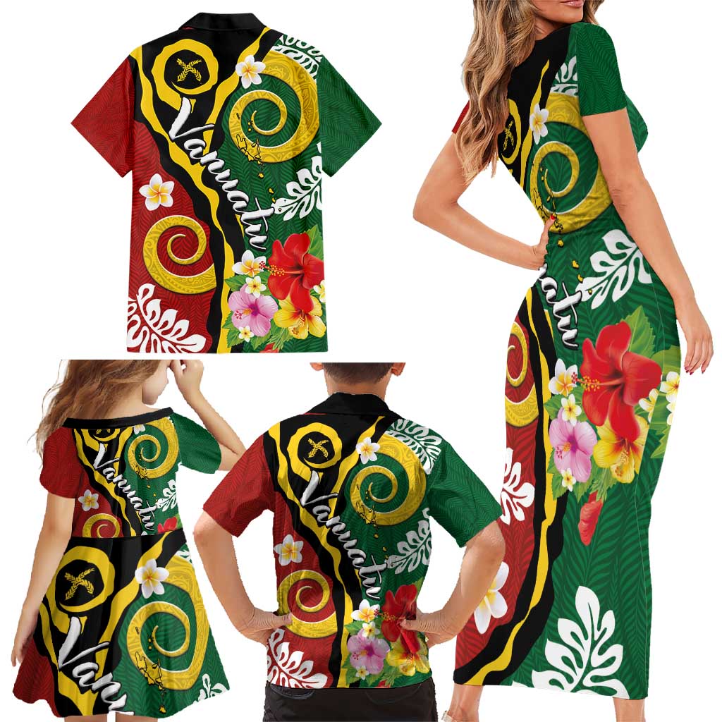Melanesian Vanuatu Tribal Boar Tusk Family Matching Short Sleeve Bodycon Dress and Hawaiian Shirt Tropical Plants and Namele Motifs LT03 - Polynesian Pride