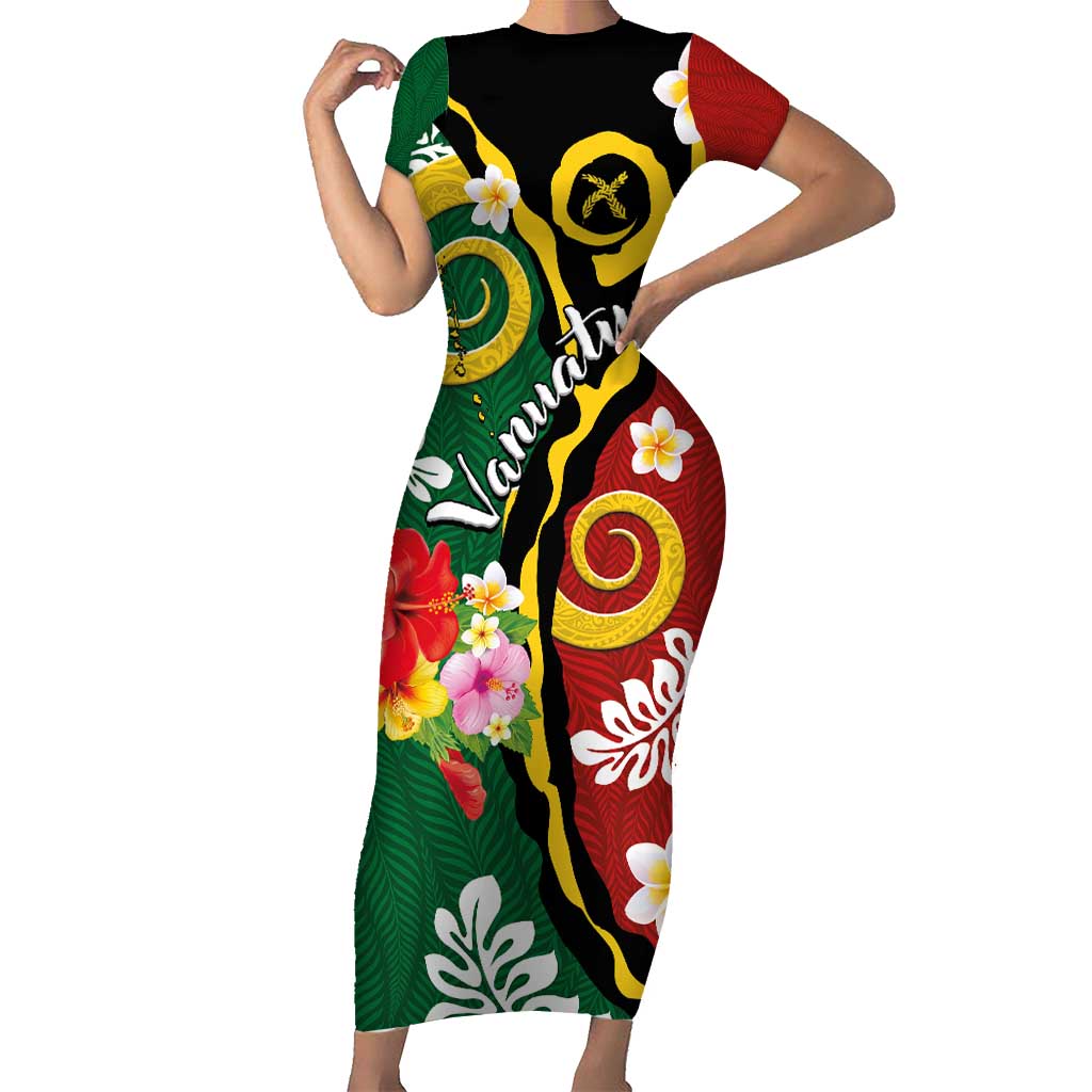 Melanesian Vanuatu Tribal Boar Tusk Family Matching Short Sleeve Bodycon Dress and Hawaiian Shirt Tropical Plants and Namele Motifs LT03 Mom's Dress Green - Polynesian Pride