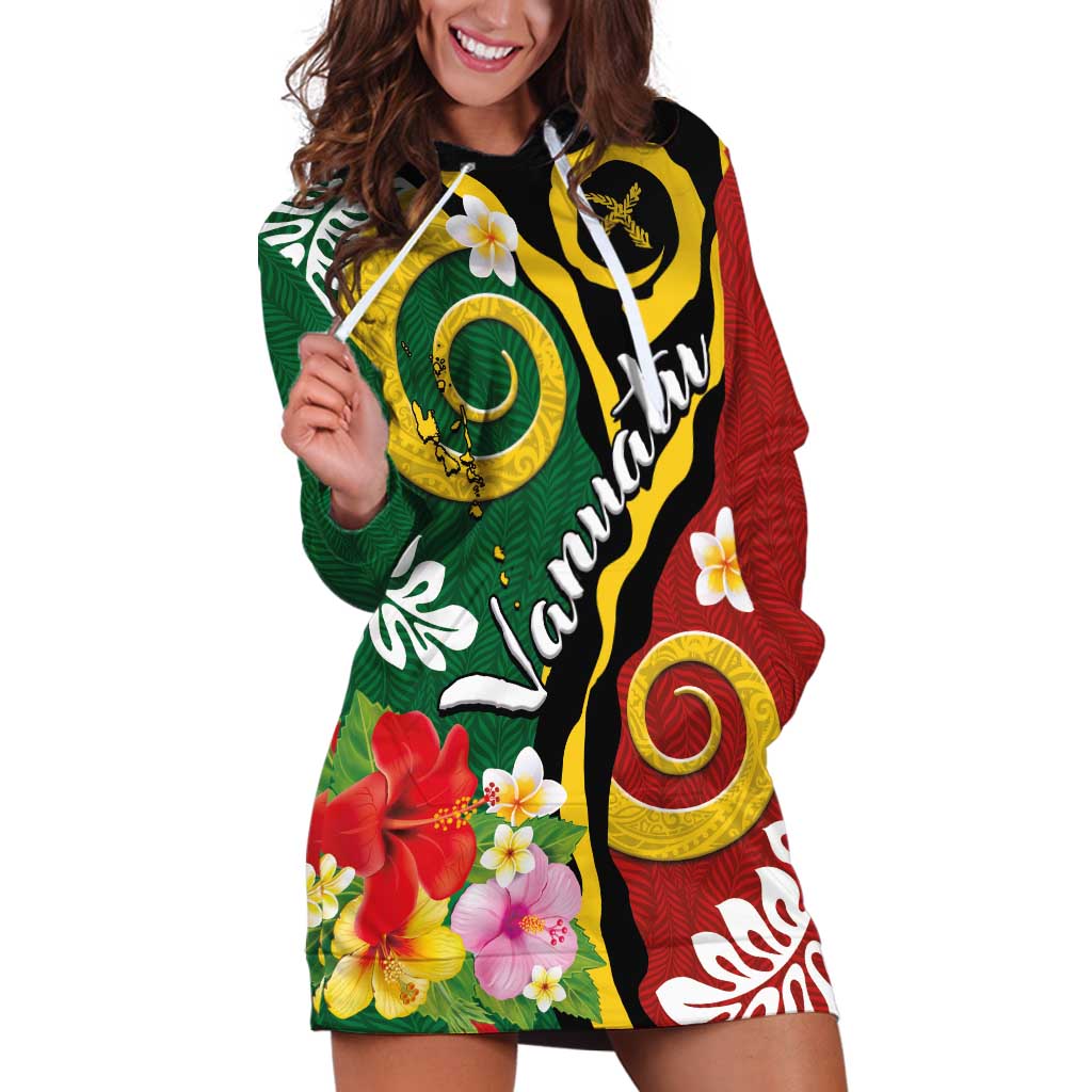 Melanesian Vanuatu Tribal Boar Tusk Hoodie Dress Tropical Plants and Namele Motifs LT03 Green - Polynesian Pride