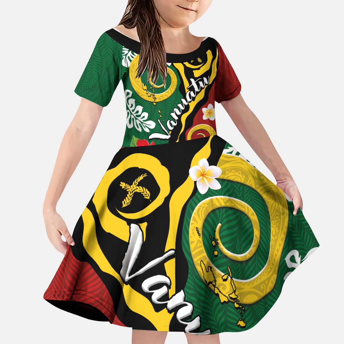 Melanesian Vanuatu Tribal Boar Tusk Kid Short Sleeve Dress Tropical Plants and Namele Motifs - Polynesian Pride