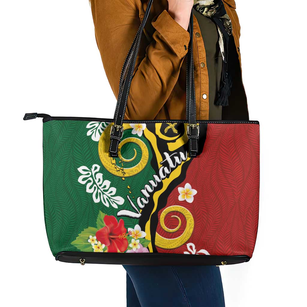 Melanesian Vanuatu Tribal Boar Tusk Leather Tote Bag Tropical Plants and Namele Motifs - Polynesian Pride