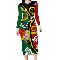 Melanesian Vanuatu Tribal Boar Tusk Long Sleeve Bodycon Dress Tropical Plants and Namele Motifs LT03 Long Dress Green - Polynesian Pride