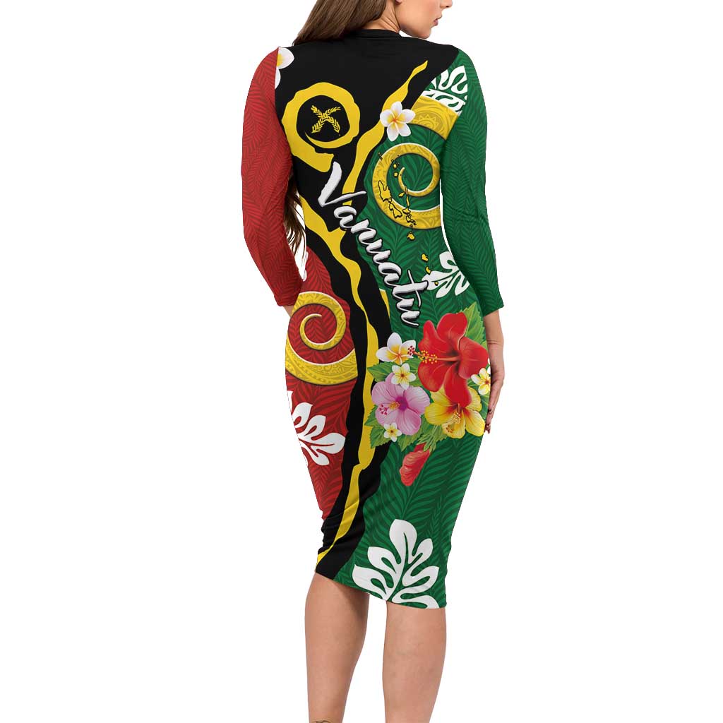 Melanesian Vanuatu Tribal Boar Tusk Long Sleeve Bodycon Dress Tropical Plants and Namele Motifs LT03 - Polynesian Pride