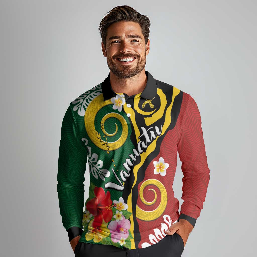 Melanesian Vanuatu Tribal Boar Tusk Long Sleeve Polo Shirt Tropical Plants and Namele Motifs - Polynesian Pride