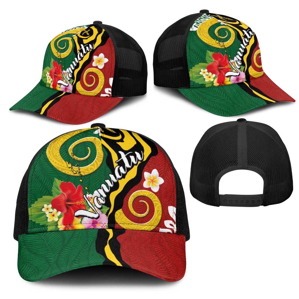 Melanesian Vanuatu Tribal Boar Tusk Mesh Trucker Cap Tropical Plants and Namele Motifs - Polynesian Pride