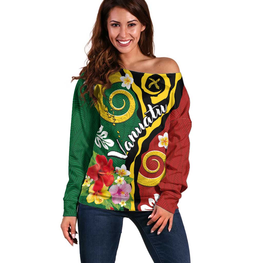Melanesian Vanuatu Tribal Boar Tusk Off Shoulder Sweater Tropical Plants and Namele Motifs - Polynesian Pride