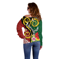 Melanesian Vanuatu Tribal Boar Tusk Off Shoulder Sweater Tropical Plants and Namele Motifs - Polynesian Pride