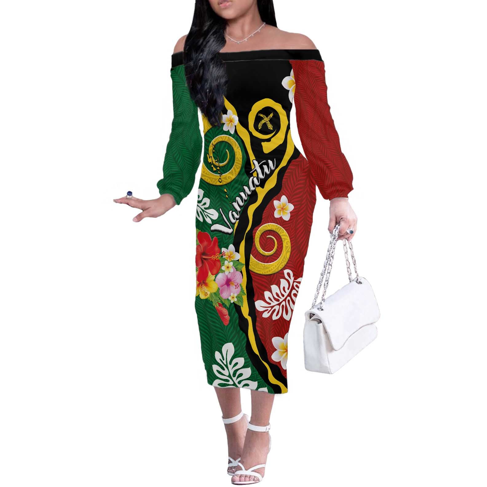 Melanesian Vanuatu Tribal Boar Tusk Off The Shoulder Long Sleeve Dress Tropical Plants and Namele Motifs - Polynesian Pride