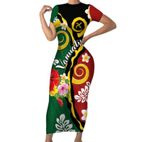 Melanesian Vanuatu Tribal Boar Tusk Short Sleeve Bodycon Dress Tropical Plants and Namele Motifs LT03 Long Dress Green - Polynesian Pride