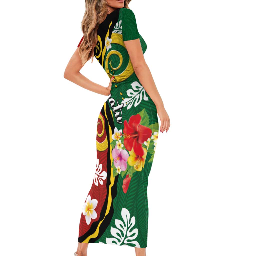 Melanesian Vanuatu Tribal Boar Tusk Short Sleeve Bodycon Dress Tropical Plants and Namele Motifs LT03 - Polynesian Pride