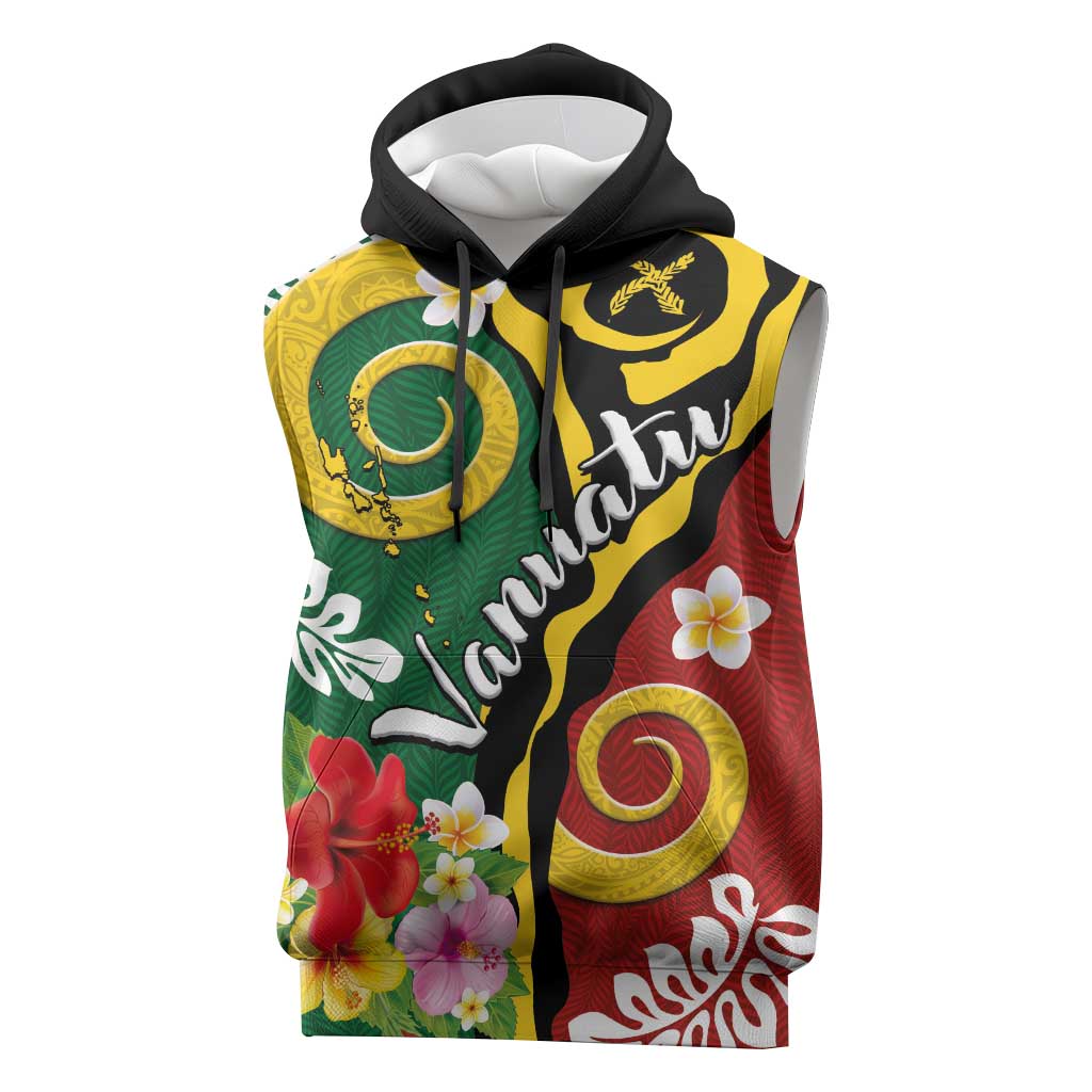 Melanesian Vanuatu Tribal Boar Tusk Sleeveless Hoodie Tropical Plants and Namele Motifs - Polynesian Pride