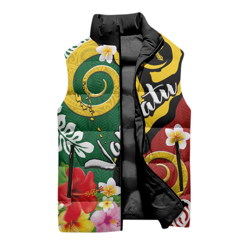 Melanesian Vanuatu Tribal Boar Tusk Sleeveless Puffer Jacket Tropical Plants and Namele Motifs - Polynesian Pride