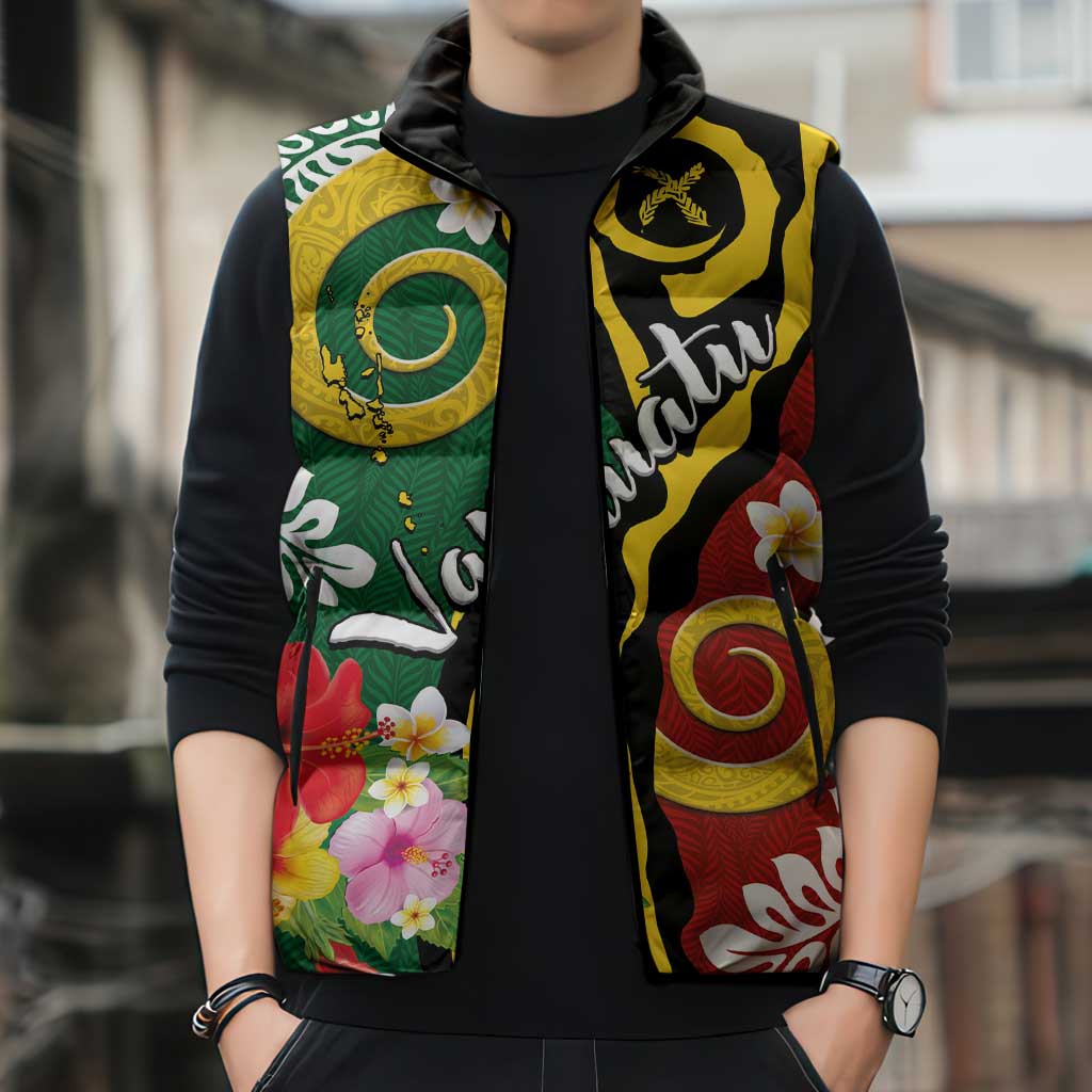 Melanesian Vanuatu Tribal Boar Tusk Sleeveless Puffer Jacket Tropical Plants and Namele Motifs - Polynesian Pride