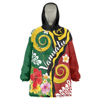 Melanesian Vanuatu Tribal Boar Tusk Wearable Blanket Hoodie Tropical Plants and Namele Motifs LT03 One Size Green - Polynesian Pride