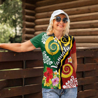 Melanesian Vanuatu Tribal Boar Tusk Women Polo Shirt Tropical Plants and Namele Motifs LT03 - Polynesian Pride