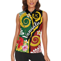Melanesian Vanuatu Tribal Boar Tusk Women Sleeveless Polo Shirt Tropical Plants and Namele Motifs LT03 - Polynesian Pride