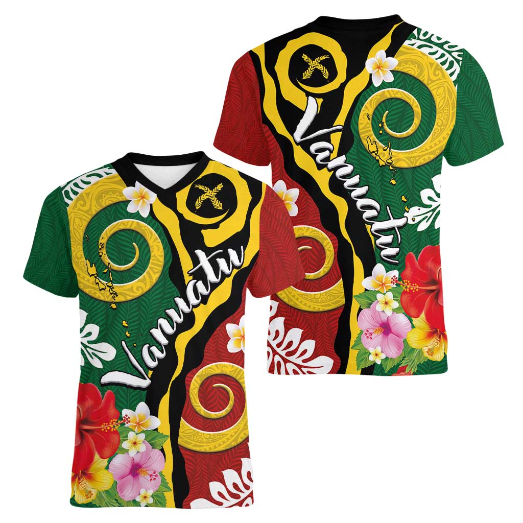 Melanesian Vanuatu Tribal Boar Tusk Women V-Neck T-Shirt Tropical Plants and Namele Motifs LT03 - Polynesian Pride