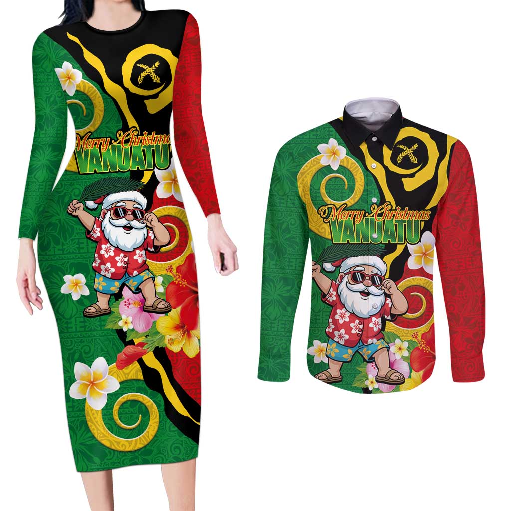 Vanuatu Christmas Couples Matching Long Sleeve Bodycon Dress and Long Sleeve Button Shirt Funny Santa with Namele and Boar Tusk Tribal LT03 Green - Polynesian Pride