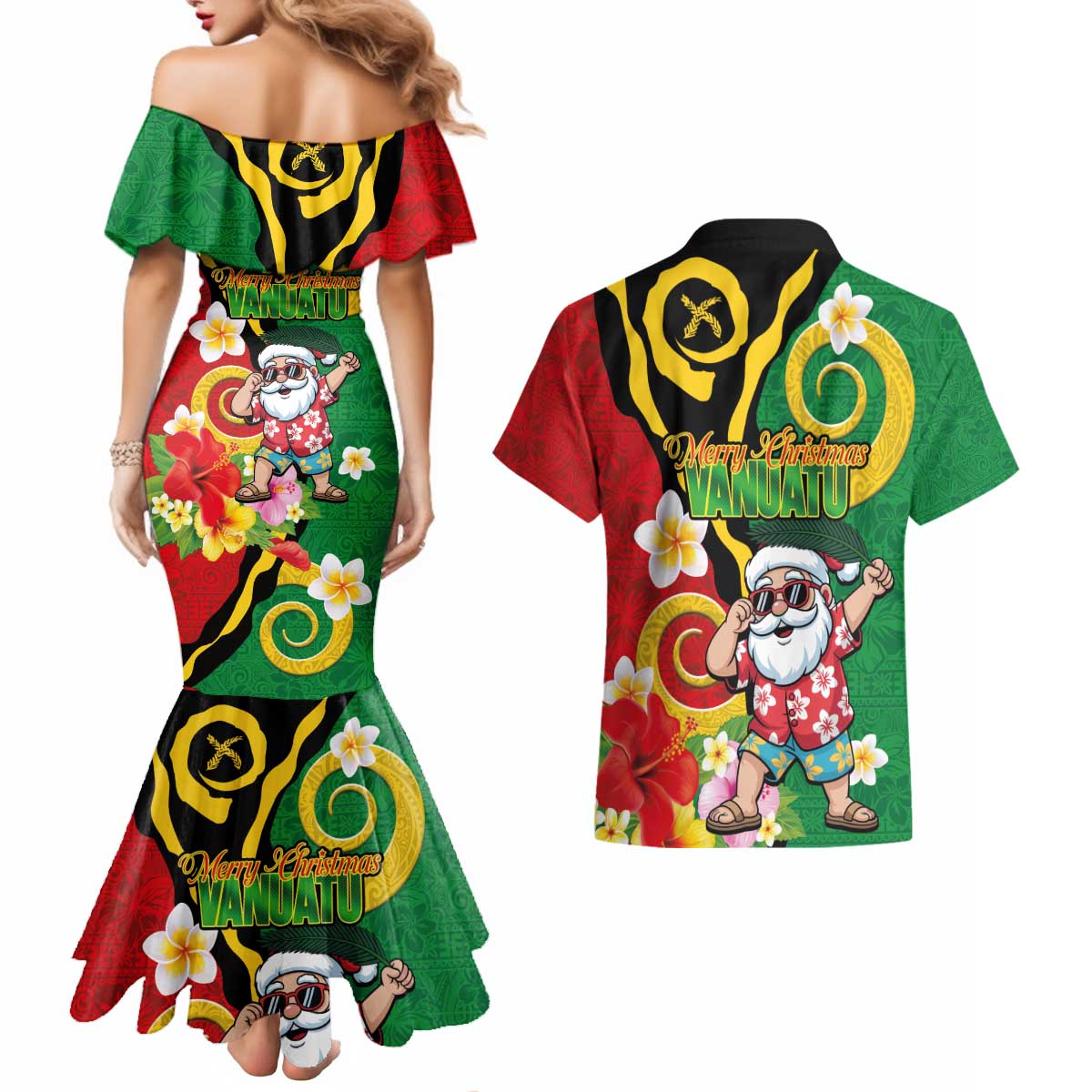 Vanuatu Christmas Couples Matching Mermaid Dress and Hawaiian Shirt Funny Santa with Namele and Boar Tusk Tribal LT03 - Polynesian Pride