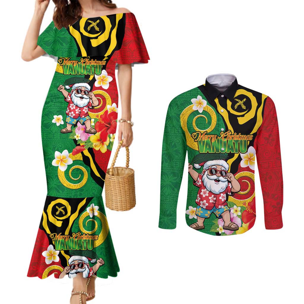 Vanuatu Christmas Couples Matching Mermaid Dress and Long Sleeve Button Shirt Funny Santa with Namele and Boar Tusk Tribal LT03 Green - Polynesian Pride