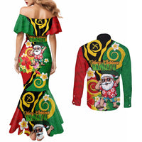 Vanuatu Christmas Couples Matching Mermaid Dress and Long Sleeve Button Shirt Funny Santa with Namele and Boar Tusk Tribal LT03 - Polynesian Pride