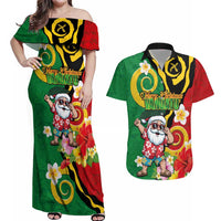 Vanuatu Christmas Couples Matching Off Shoulder Maxi Dress and Hawaiian Shirt Funny Santa with Namele and Boar Tusk Tribal LT03 Green - Polynesian Pride