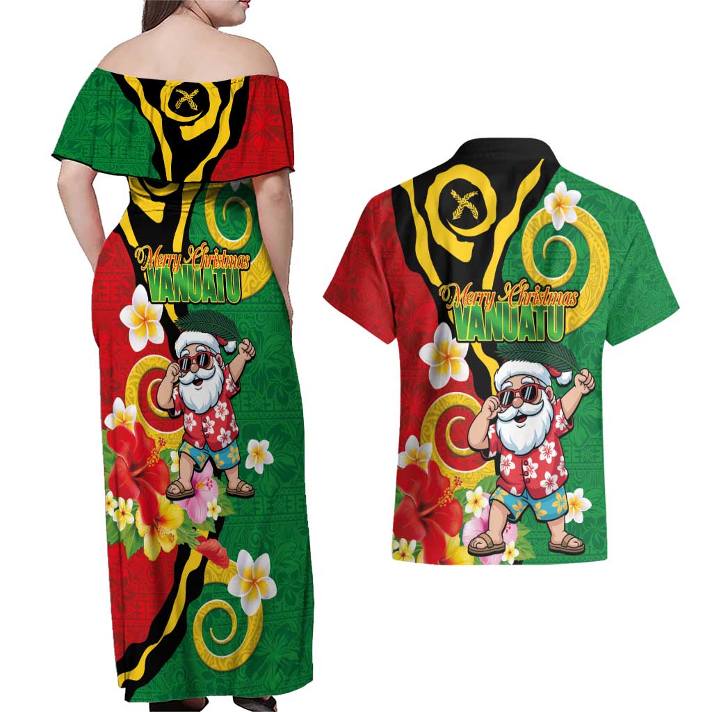 Vanuatu Christmas Couples Matching Off Shoulder Maxi Dress and Hawaiian Shirt Funny Santa with Namele and Boar Tusk Tribal LT03 - Polynesian Pride