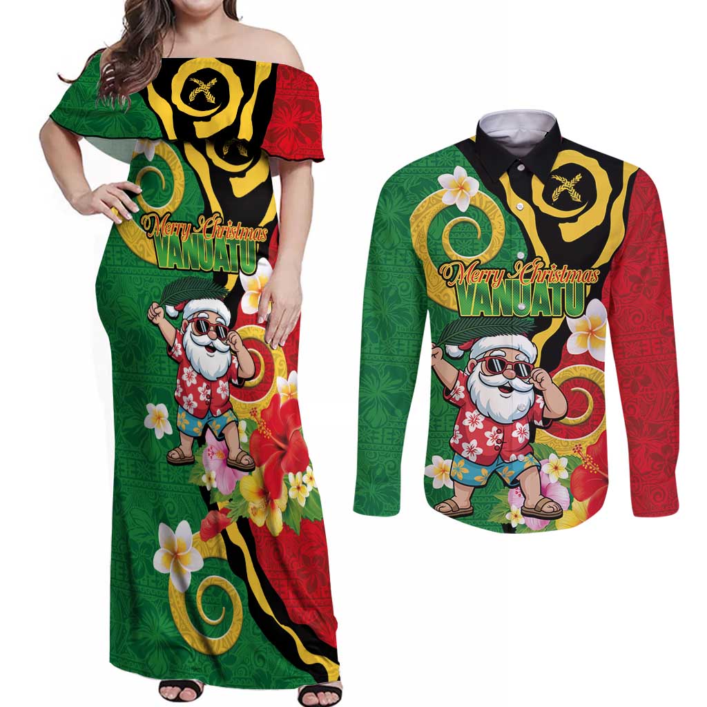 Vanuatu Christmas Couples Matching Off Shoulder Maxi Dress and Long Sleeve Button Shirt Funny Santa with Namele and Boar Tusk Tribal LT03 Green - Polynesian Pride