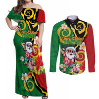 Vanuatu Christmas Couples Matching Off Shoulder Maxi Dress and Long Sleeve Button Shirt Funny Santa with Namele and Boar Tusk Tribal LT03 Green - Polynesian Pride