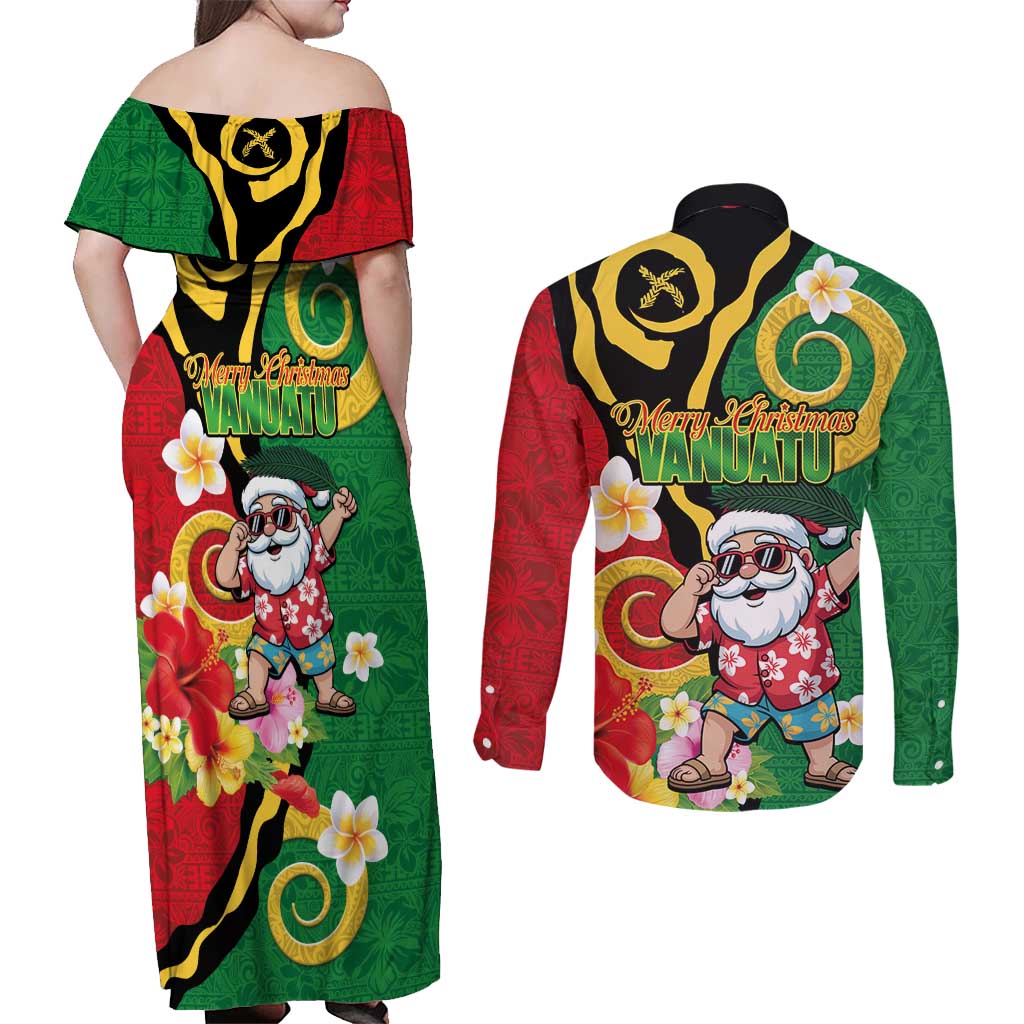 Vanuatu Christmas Couples Matching Off Shoulder Maxi Dress and Long Sleeve Button Shirt Funny Santa with Namele and Boar Tusk Tribal LT03 - Polynesian Pride