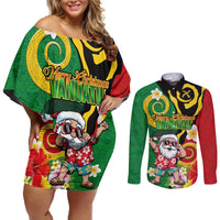 Vanuatu Christmas Couples Matching Off Shoulder Short Dress and Long Sleeve Button Shirt Funny Santa with Namele and Boar Tusk Tribal LT03 Green - Polynesian Pride