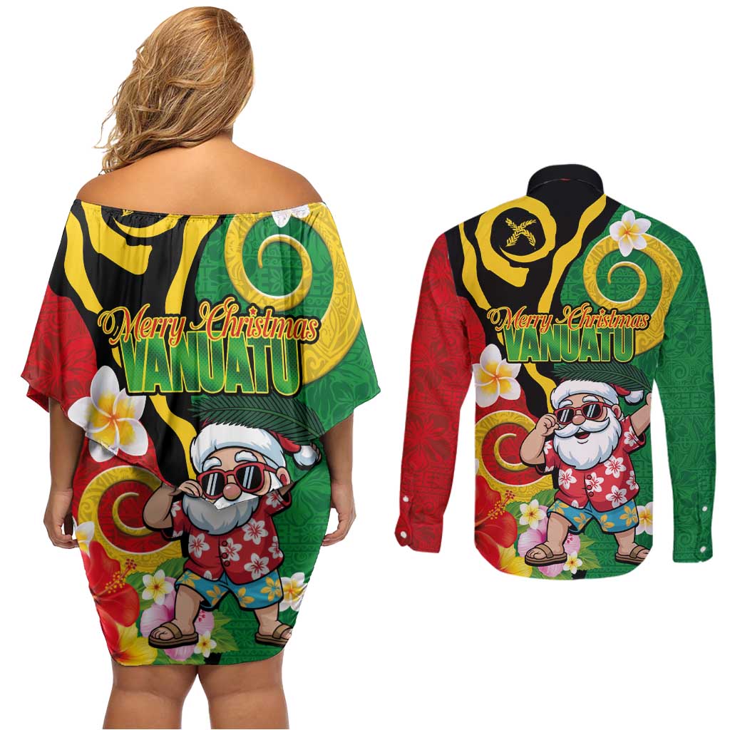 Vanuatu Christmas Couples Matching Off Shoulder Short Dress and Long Sleeve Button Shirt Funny Santa with Namele and Boar Tusk Tribal LT03 - Polynesian Pride