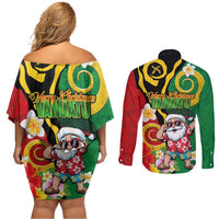 Vanuatu Christmas Couples Matching Off Shoulder Short Dress and Long Sleeve Button Shirt Funny Santa with Namele and Boar Tusk Tribal LT03 - Polynesian Pride