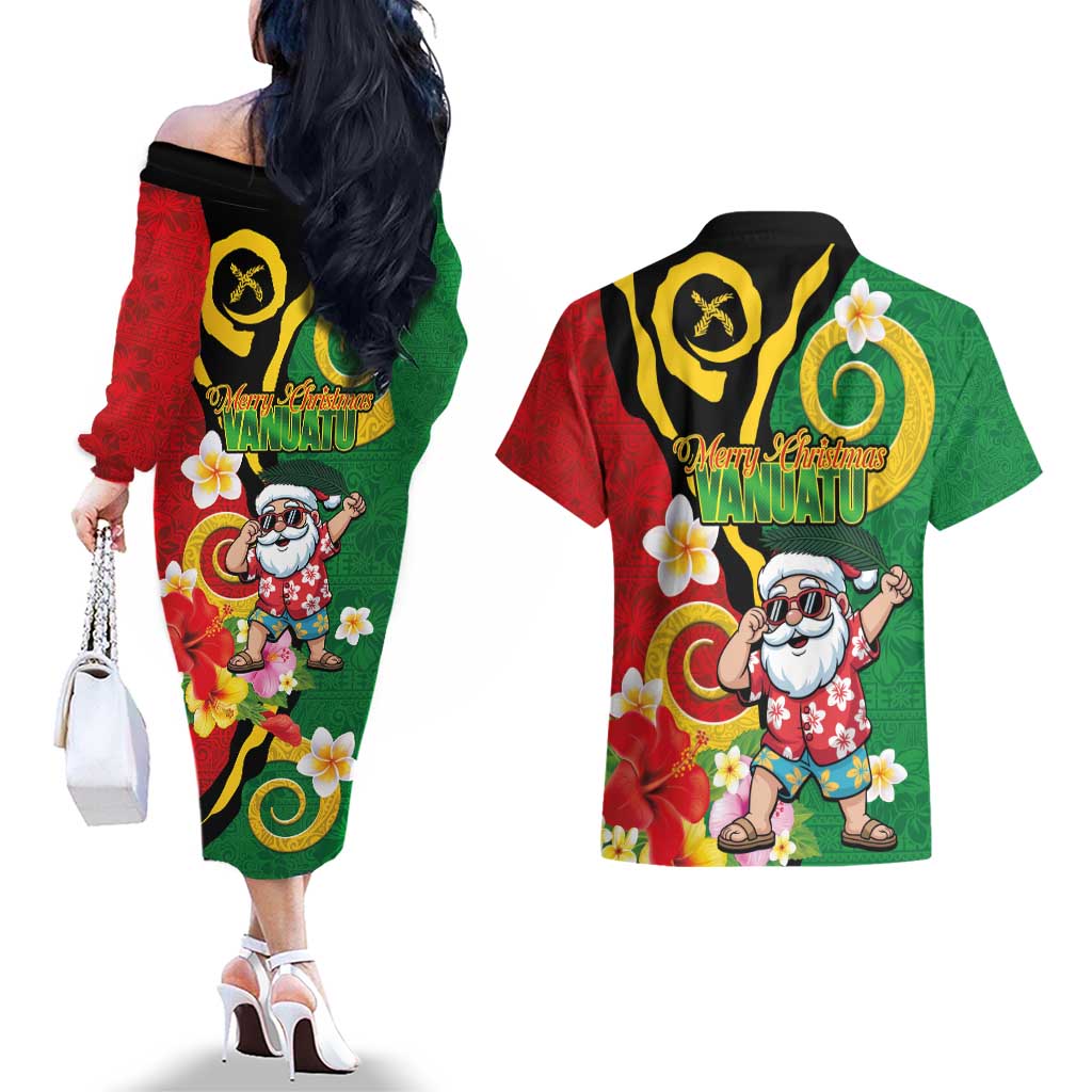 Vanuatu Christmas Couples Matching Off The Shoulder Long Sleeve Dress and Hawaiian Shirt Funny Santa with Namele and Boar Tusk Tribal LT03 - Polynesian Pride