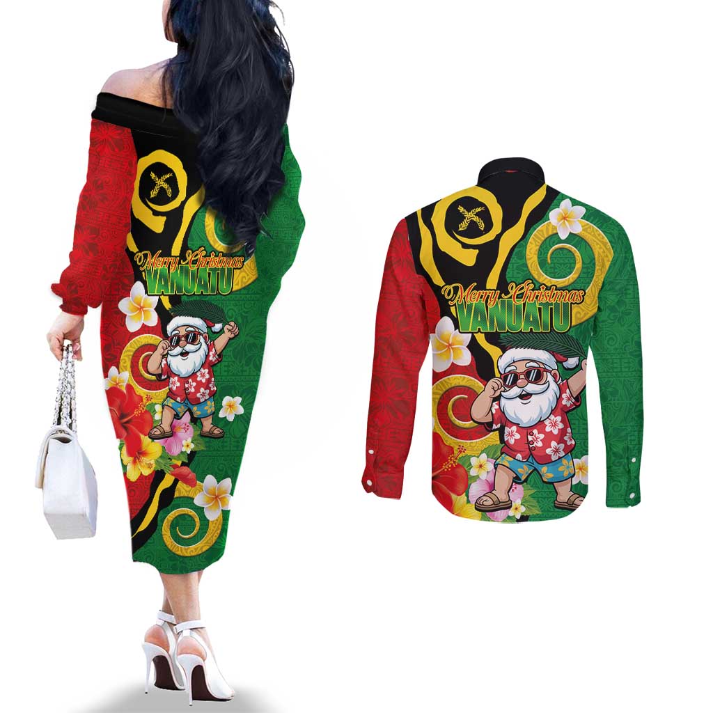 Vanuatu Christmas Couples Matching Off The Shoulder Long Sleeve Dress and Long Sleeve Button Shirt Funny Santa with Namele and Boar Tusk Tribal LT03 - Polynesian Pride