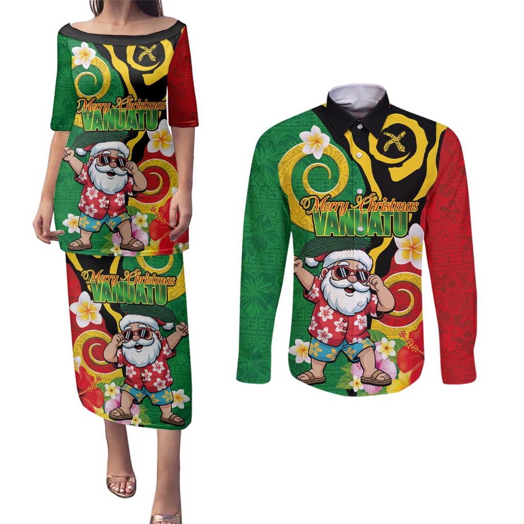 Vanuatu Christmas Couples Matching Puletasi and Long Sleeve Button Shirt Funny Santa with Namele and Boar Tusk Tribal - Polynesian Pride