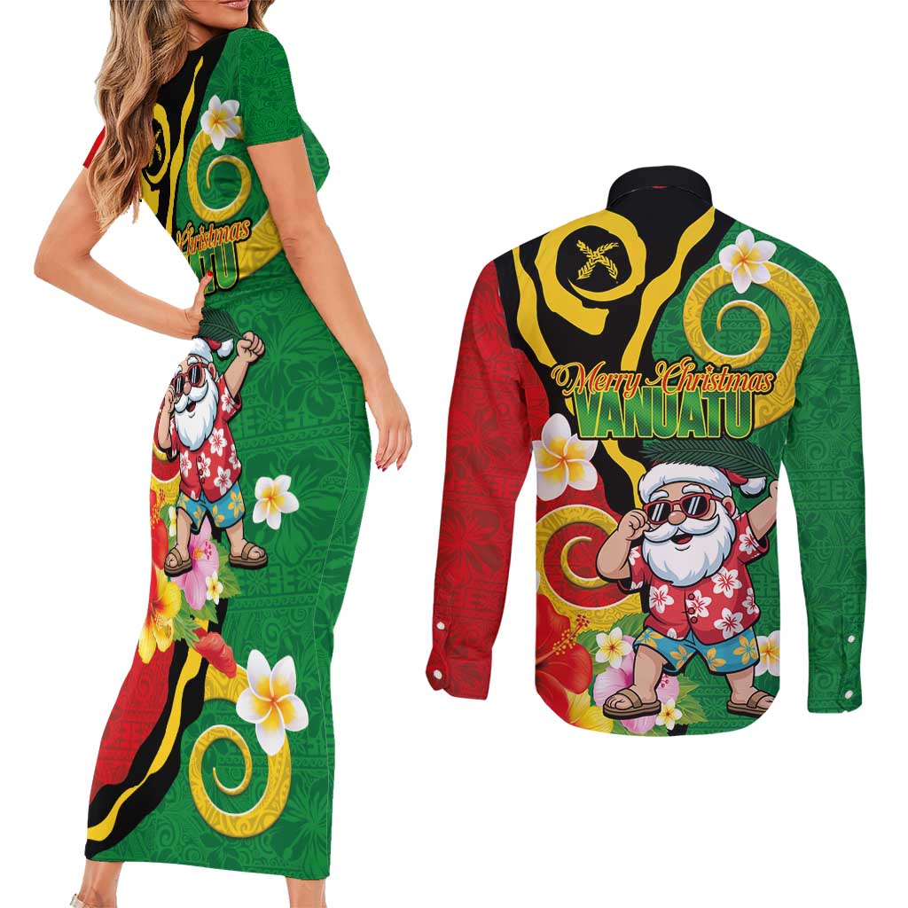 Vanuatu Christmas Couples Matching Short Sleeve Bodycon Dress and Long Sleeve Button Shirt Funny Santa with Namele and Boar Tusk Tribal LT03 - Polynesian Pride