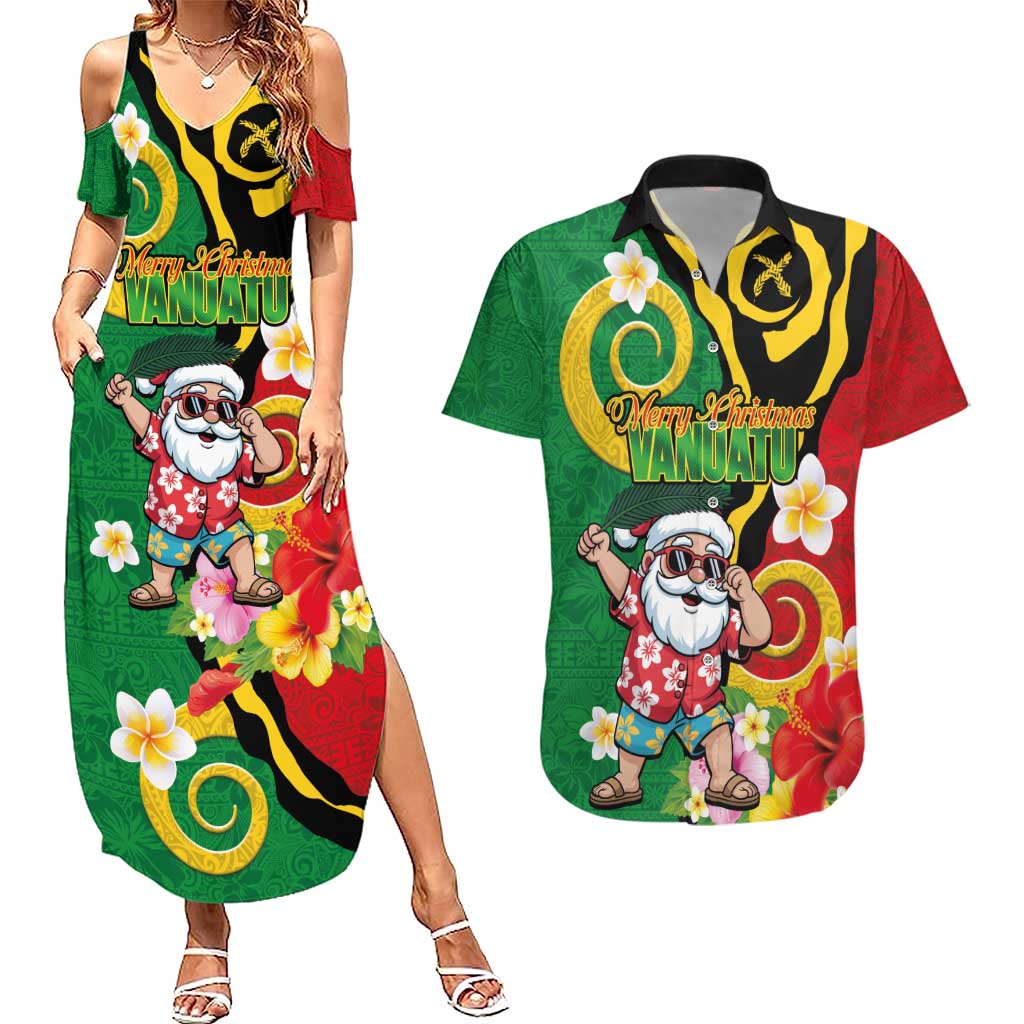 Vanuatu Christmas Couples Matching Summer Maxi Dress and Hawaiian Shirt Funny Santa with Namele and Boar Tusk Tribal LT03 Green - Polynesian Pride