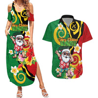 Vanuatu Christmas Couples Matching Summer Maxi Dress and Hawaiian Shirt Funny Santa with Namele and Boar Tusk Tribal LT03 Green - Polynesian Pride