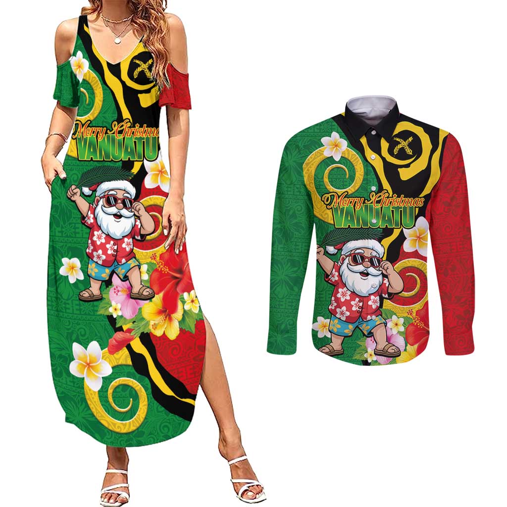 Vanuatu Christmas Couples Matching Summer Maxi Dress and Long Sleeve Button Shirt Funny Santa with Namele and Boar Tusk Tribal LT03 Green - Polynesian Pride