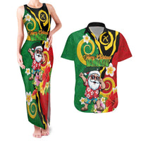 Vanuatu Christmas Couples Matching Tank Maxi Dress and Hawaiian Shirt Funny Santa with Namele and Boar Tusk Tribal LT03 Green - Polynesian Pride