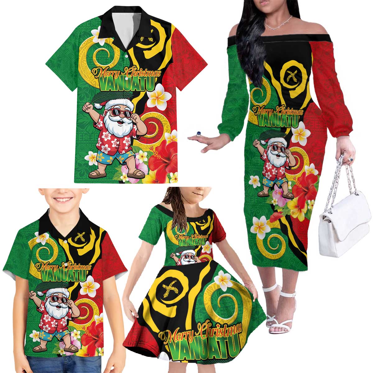 Vanuatu Christmas Family Matching Off The Shoulder Long Sleeve Dress and Hawaiian Shirt Funny Santa with Namele and Boar Tusk Tribal LT03 - Polynesian Pride