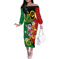 Vanuatu Christmas Family Matching Off The Shoulder Long Sleeve Dress and Hawaiian Shirt Funny Santa with Namele and Boar Tusk Tribal LT03 Mom's Dress Green - Polynesian Pride